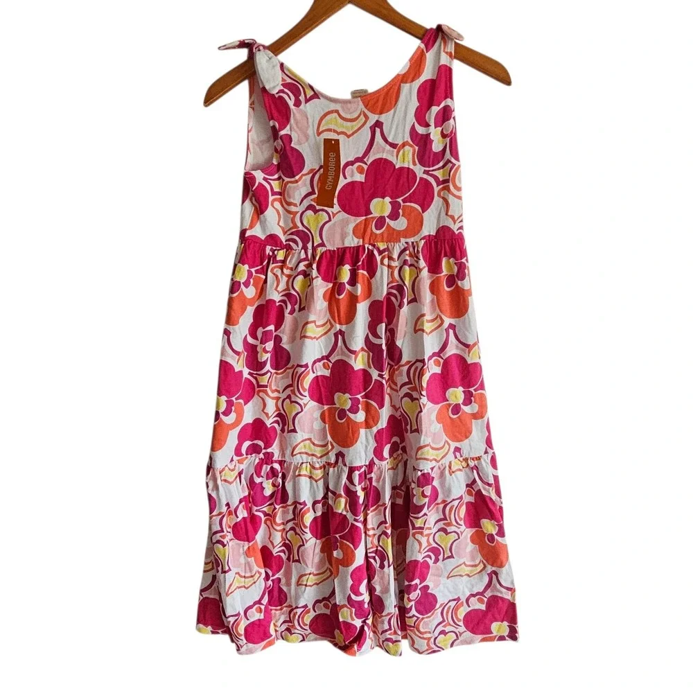 Gymboree Floral Dress Tiered Sleeveless Tie Strap Casual Pink Orange L 10 12 Yea